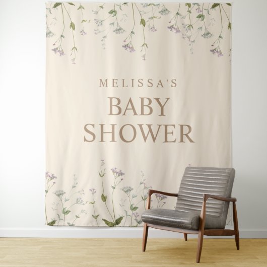 Elegante botanische wilde bloem baby shower achter wandkleed (In situ)