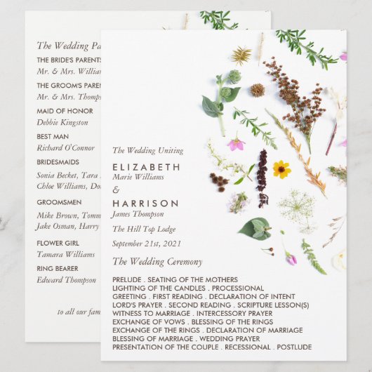 Elegante Botanische Wilde Bloem Bruiloft Programmakaart (Voorkant / Achterkant)