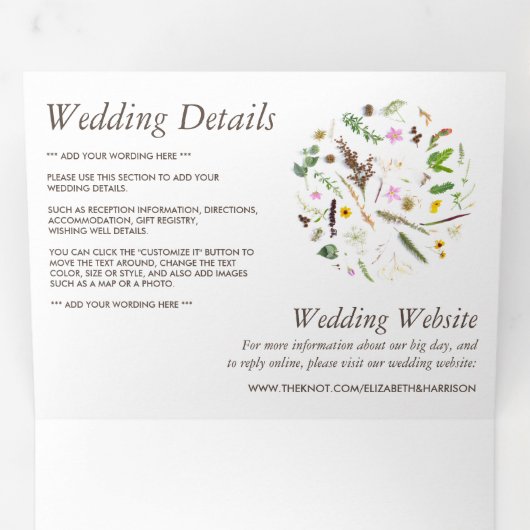 Elegante Botanische Wilde Bloem Bruiloft Suite Drieluik Uitnodiging (Binnenzijde eerst)