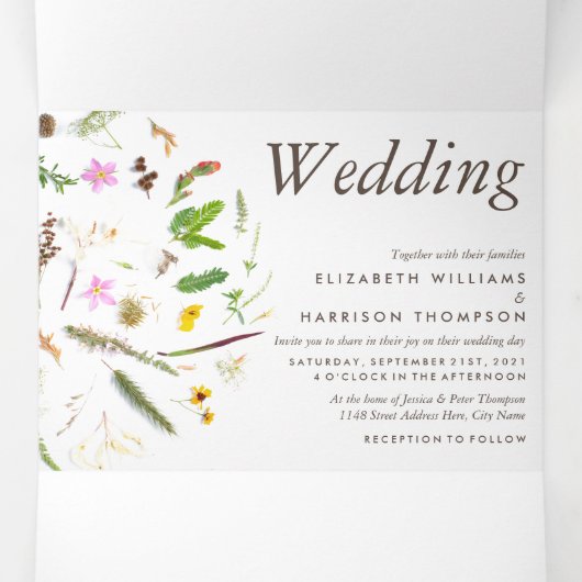 Elegante Botanische Wilde Bloem Bruiloft Suite Drieluik Uitnodiging (Binnenkant midden)