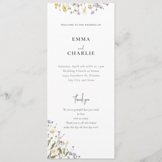 Elegante botanische wilde bloem Script Wedding Programmakaart (Voorkant)