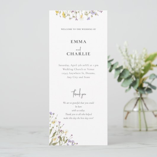 Elegante botanische wilde bloem Script Wedding Programmakaart (Staand voorkant)