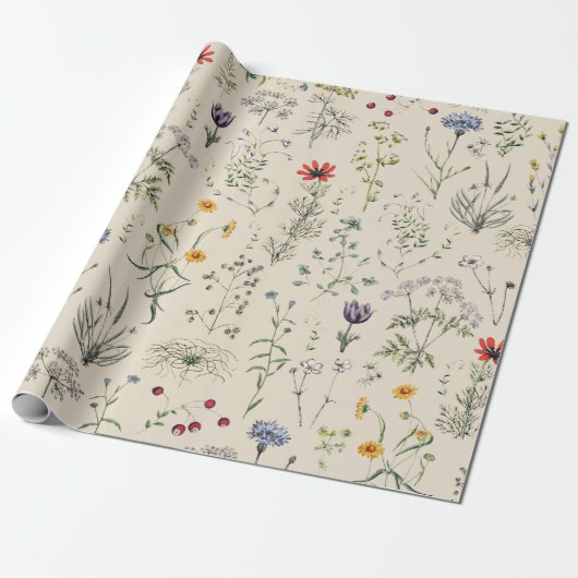 Elegante botanische  wilde bloemen beige cadeaupapier (Uitgerold)