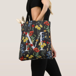 Elegante botanische wilde bloemen met naammonogram tote bag
