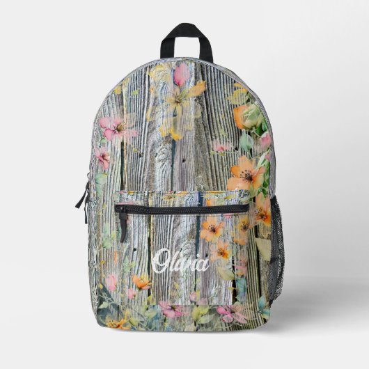 Elegante botanische wilde bloemen rustieke houtner bedrukte rugzak (Voorkant)