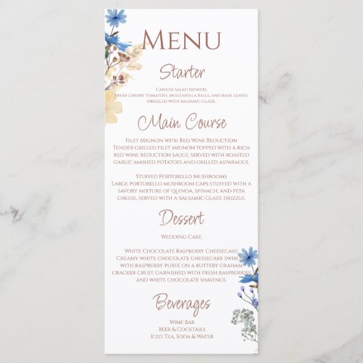 Elegante Botanische Wildflower Bruiloft Menu (Voorkant)