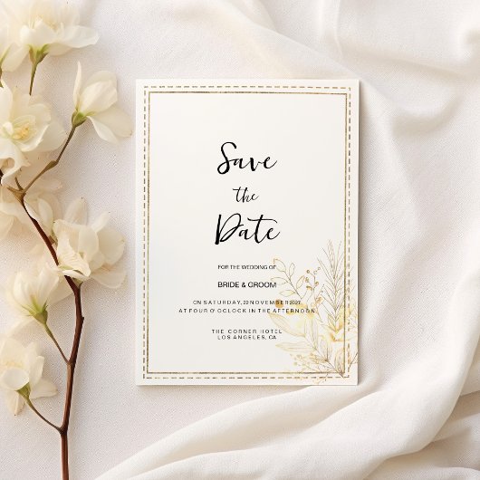 Elegante botanische witgouden bloem Save the Date Kaart