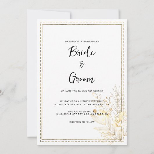 Elegante botanische witgouden bloemenbruiloft kaart (Voorkant)