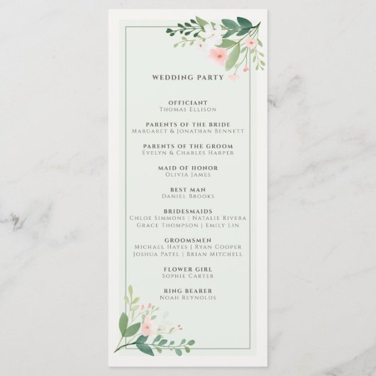 Elegante Botanische Zachte Groene Blush Bloemen br Programmakaart (Achterkant)