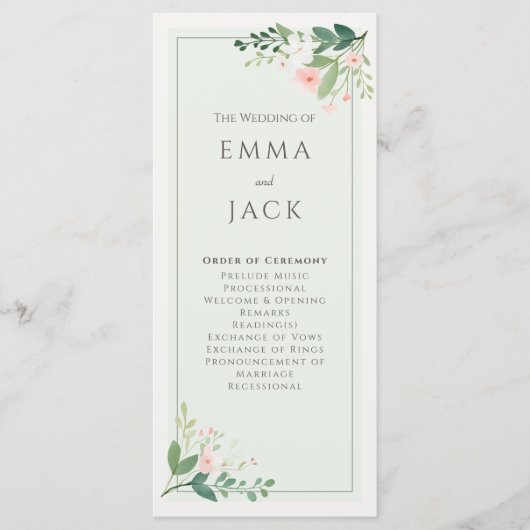 Elegante Botanische Zachte Groene Blush Bloemen br Programmakaart (Voorkant)