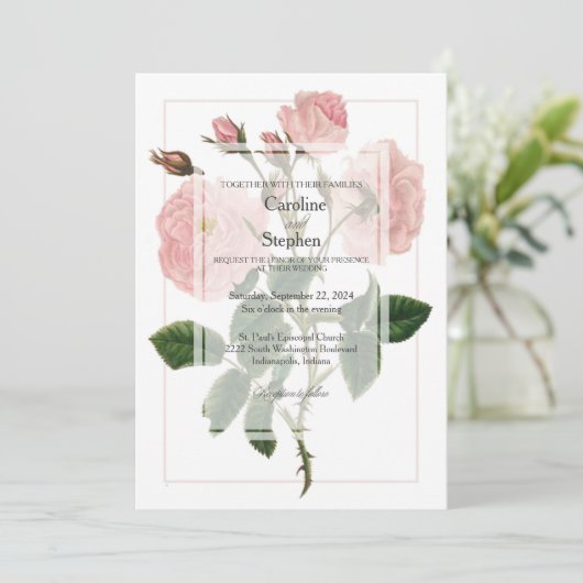 Elegante Botanische Zachte Roze Roze Huwelijk Kaart (Staand voorkant)