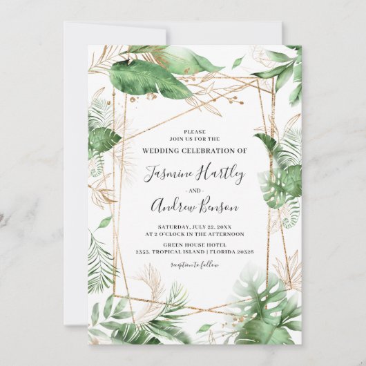 Elegante botanische zomer gebladerte & gouden brui kaart (Voorkant)