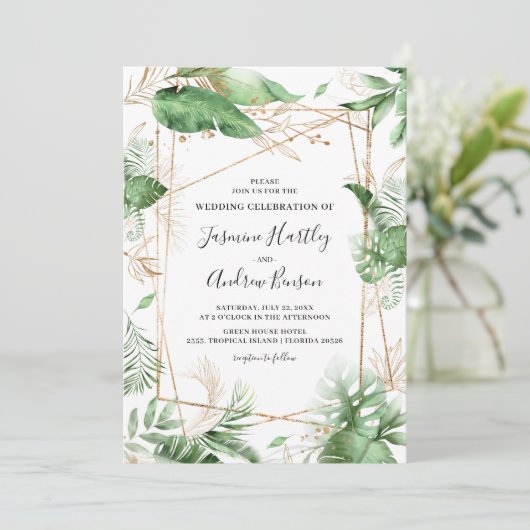 Elegante botanische zomer gebladerte & gouden brui kaart (Staand voorkant)