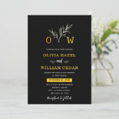 Elegante Botanische Zwart en Gouden Monogram Bruil Kaart (Staand voorkant)