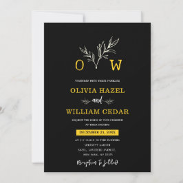 Elegante Botanische Zwart en Gouden Monogram Bruil Kaart