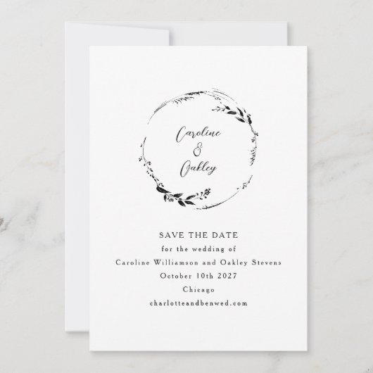 Elegante botanische zwart-wit minimalistische seri save the date (Voorkant)