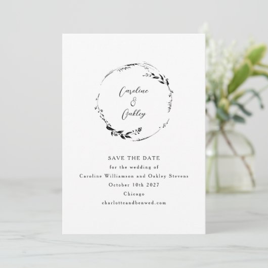 Elegante botanische zwart-wit minimalistische seri save the date (Staand voorkant)