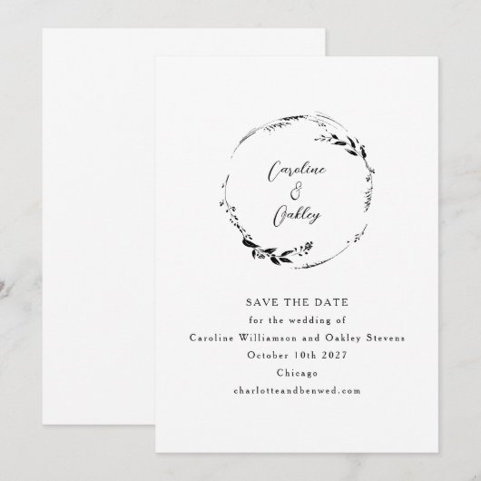Elegante botanische zwart-wit minimalistische seri save the date (Voorkant / Achterkant)