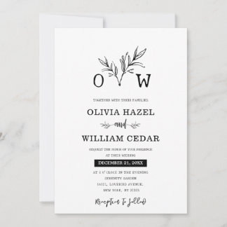 Elegante Botanische Zwart-Wit Monogram Bruiloft Kaart