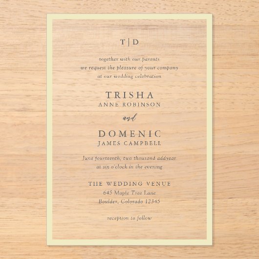 Elegante Boter Geel Monogram Moderne bruiloft Acryl Uitnodigingen (Voorkant)