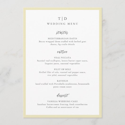 Elegante Boter Geel Monogram Moderne bruiloft Menu (Voorkant)