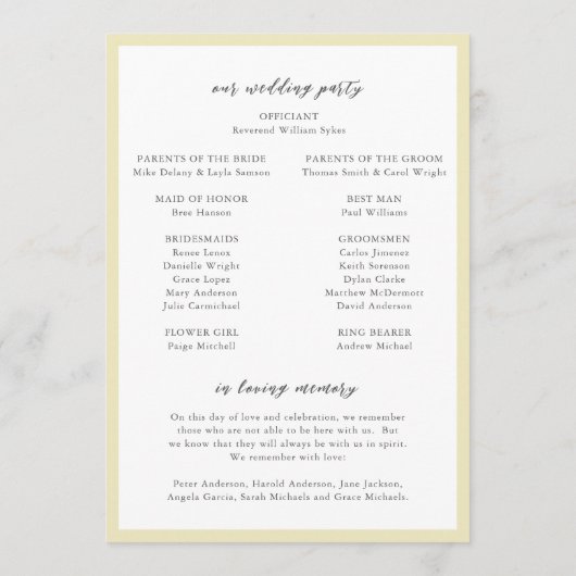 Elegante Boter Geel Monogram Moderne bruiloft Programmakaart (Achterkant)