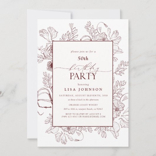 Elegante Bourgogne 50e verjaardag Floral Line Art Kaart (Voorkant)