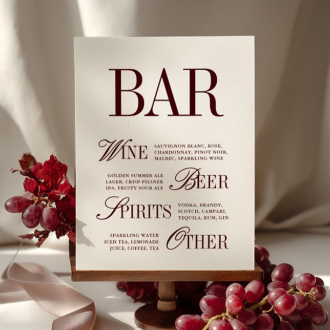 Elegante Bourgogne Bar Menu Drinken Trouwtafel (Elegant Burgundy Bar Menu Drinks Wedding Tabletop)