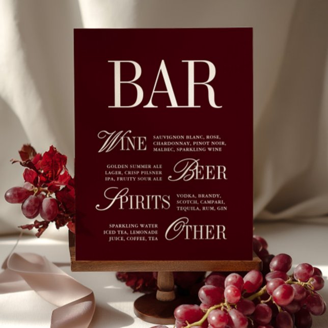 Elegante Bourgogne Bar Menu Drinken Trouwtafel (Elegant Burgundy Bar Menu Drinks Wedding Tabletop)