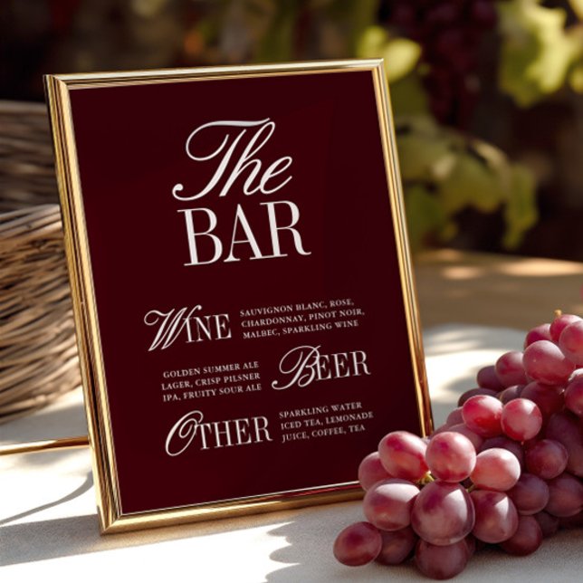 Elegante  Bourgogne Bar Menu Trouwbord (Elegant Vintage Burgundy Bar Menu Wedding Sign)