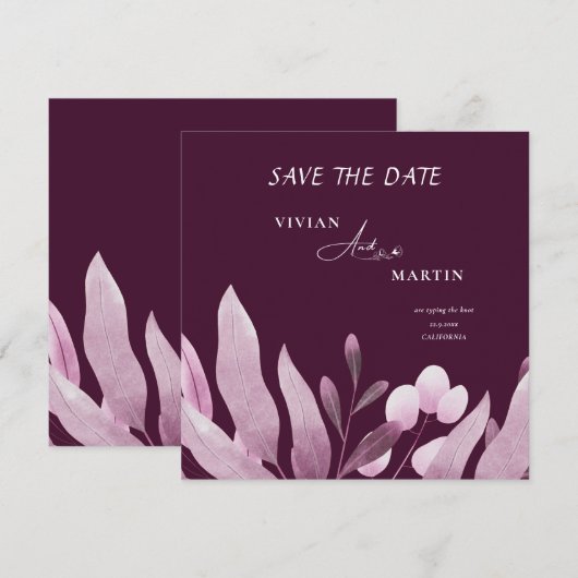 Elegante Bourgogne Big Leaves Monogram Save the Da Kaart (Voorkant / Achterkant)