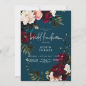 Elegante Bourgogne & Blauwe Bloemen Bruidslunch Kaart (Voorkant)