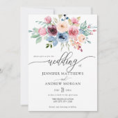 Elegante Bourgogne Blauwe Bloemen QR Code Bruiloft Kaart (Voorkant)