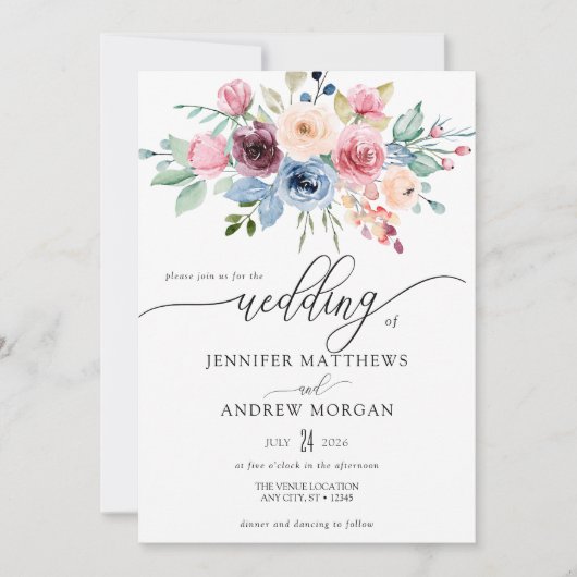 Elegante Bourgogne Blauwe Bloemen QR Code Bruiloft Kaart (Voorkant)