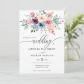 Elegante Bourgogne Blauwe Bloemen QR Code Bruiloft Kaart (Staand voorkant)