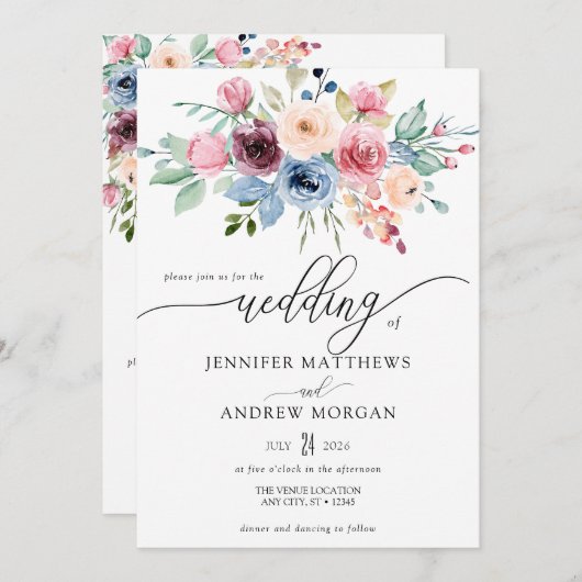 Elegante Bourgogne Blauwe Bloemen QR Code Bruiloft Kaart (Voorkant / Achterkant)