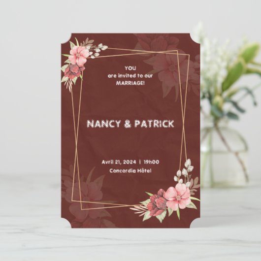 Elegante Bourgogne Bloem Bruiloft Uitnodiging (Staand voorkant)