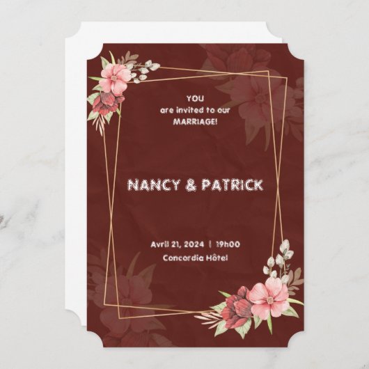 Elegante Bourgogne Bloem Bruiloft Uitnodiging (Voorkant / Achterkant)