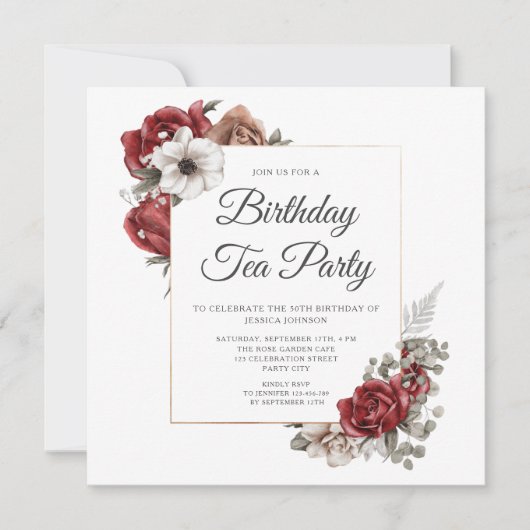 Elegante Bourgogne Bloemen 50ste Verjaardag Tea Pa Kaart (Voorkant)