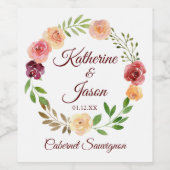 Elegante Bourgogne Bloemen gepersonaliseerde bruil Wijn Etiket (Enkel label)