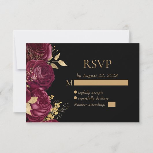 Elegante Bourgogne Bloemen Goud Zwart Huwelijk RSVP Kaartje (Voorkant)