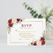 Elegante Bourgogne Bloemen Gouden Trouwmaaltijd RSVP Kaartje (Staand voorkant)