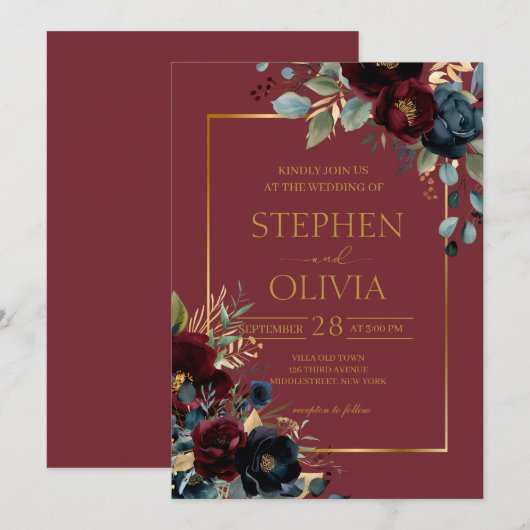 Elegante Bourgogne Bloemen & Groen bruiloft Kaart (Voorkant / Achterkant)