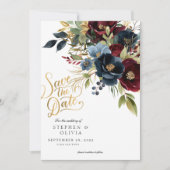 Elegante Bourgogne Bloemen & Groen Save The Date (Voorkant)
