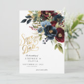Elegante Bourgogne Bloemen & Groen Save The Date (Staand voorkant)