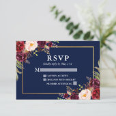 Elegante Bourgogne Bloemen Huwelijk Blauw Goud RSV RSVP Kaartje (Staand voorkant)