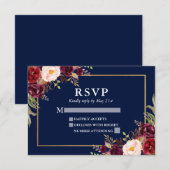 Elegante Bourgogne Bloemen Huwelijk Blauw Goud RSV RSVP Kaartje (Voorkant / Achterkant)