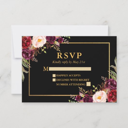 Elegante Bourgogne Bloemen Huwelijk Zwart Goud RSV RSVP Kaartje (Voorkant)