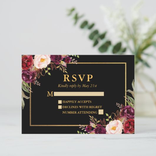 Elegante Bourgogne Bloemen Huwelijk Zwart Goud RSV RSVP Kaartje (Staand voorkant)