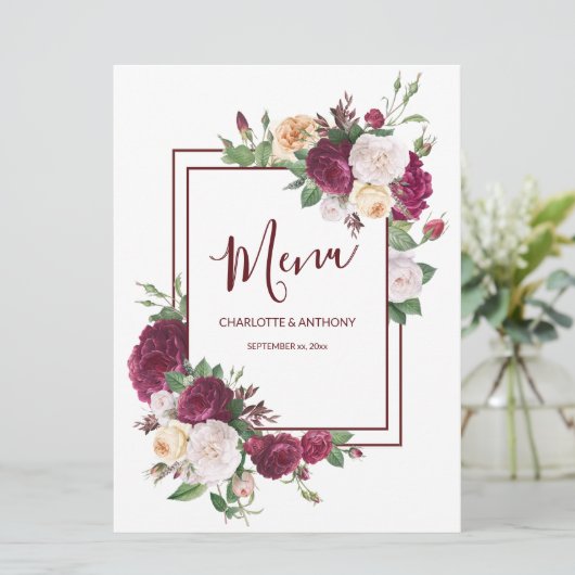 Elegante Bourgogne Bloemen - Huwelijksreceptie Men Menu (Staand voorkant)